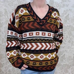 Vintage Croquet Club Sweater Cabincore Tribal Print‎ V-Neck Women Fall Boho L